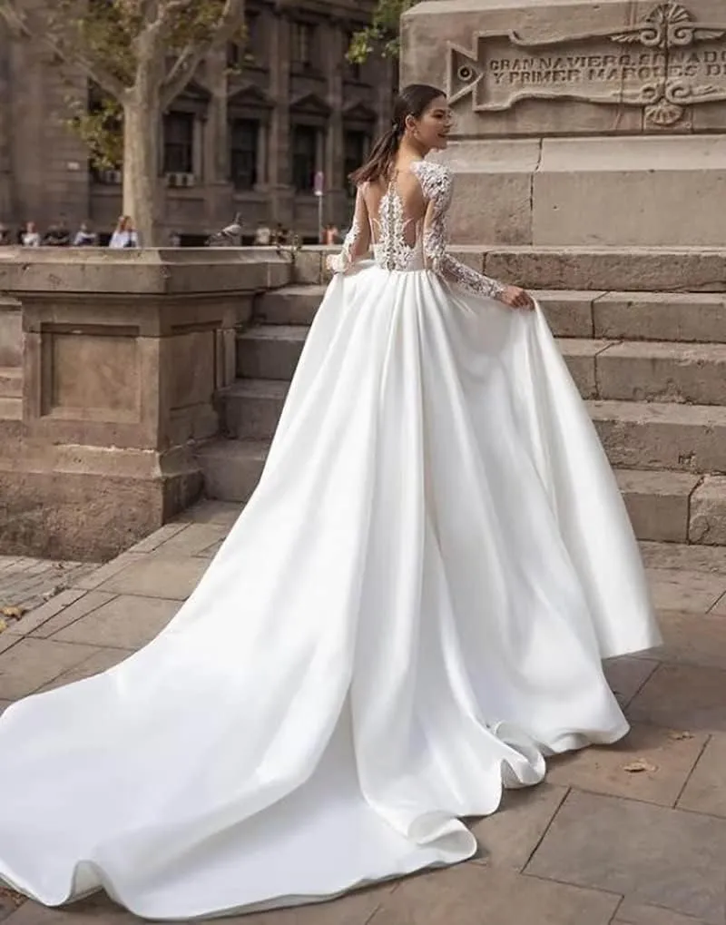 Long Sleeve Lace Wedding Dresses for Bride Satin Ball Gowns Simple V Neck Bridal Gowns for Women