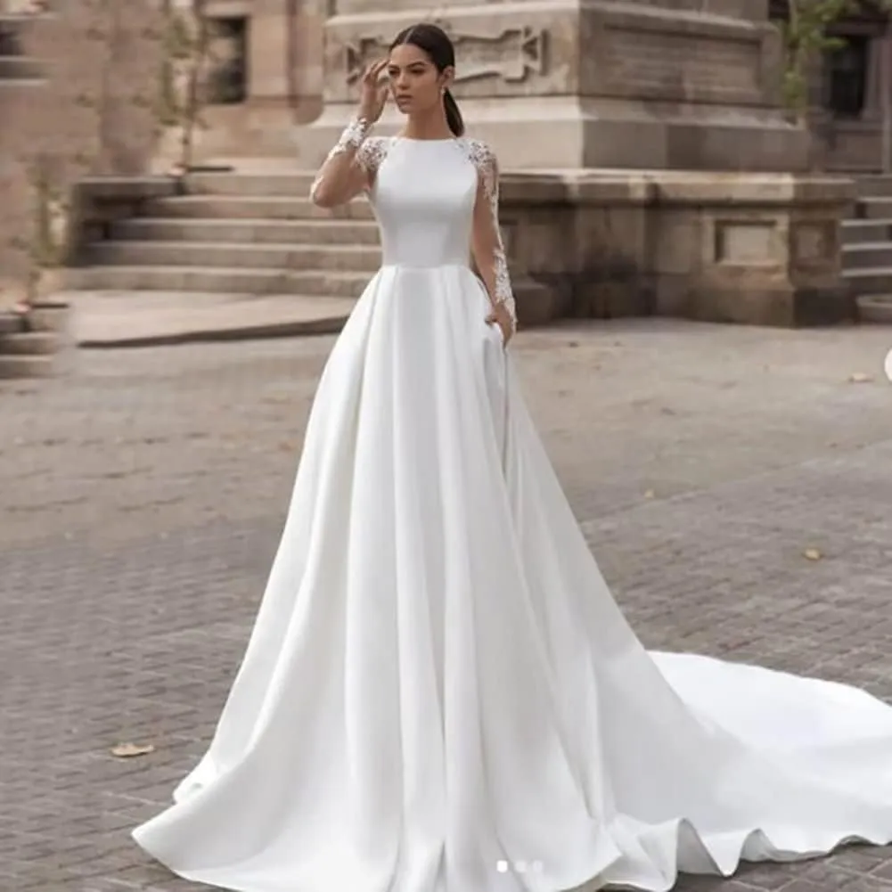 Long Sleeve Lace Wedding Dresses for Bride Satin Ball Gowns Simple V Neck Bridal Gowns for Women