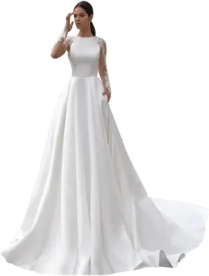 Long Sleeve Lace Wedding Dresses for Bride Satin Ball Gowns Simple V Neck Bridal Gowns for Women