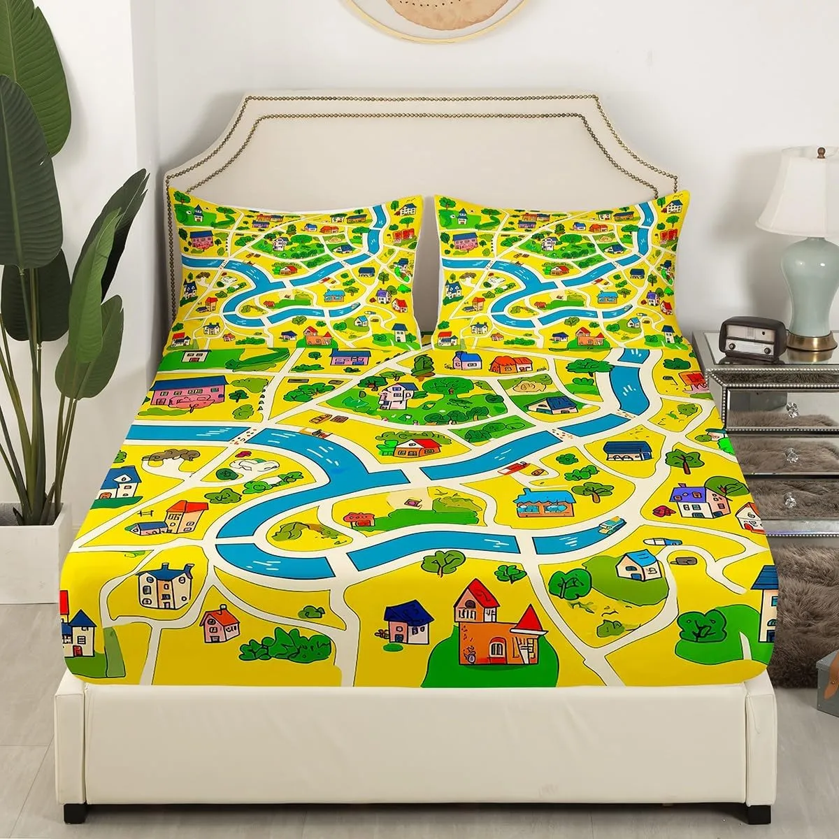 Manfei Rustic Countryside Bed Sheet Set Twin Size,Suburb House Tree River Hand Graffiti Sheet Set,Yellow Nature Roadway Landscape Bedding Set with 1 Flat & 1 Fitted Sheet with 1 Pillow
