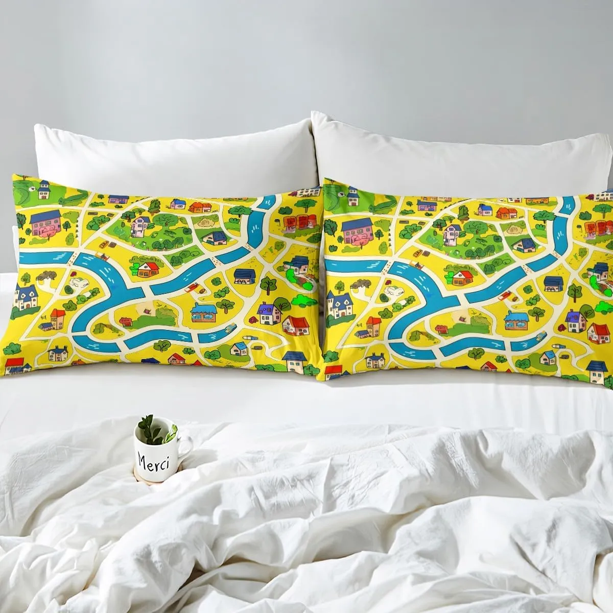 Manfei Rustic Countryside Bed Sheet Set Twin Size,Suburb House Tree River Hand Graffiti Sheet Set,Yellow Nature Roadway Landscape Bedding Set with 1 Flat & 1 Fitted Sheet with 1 Pillow