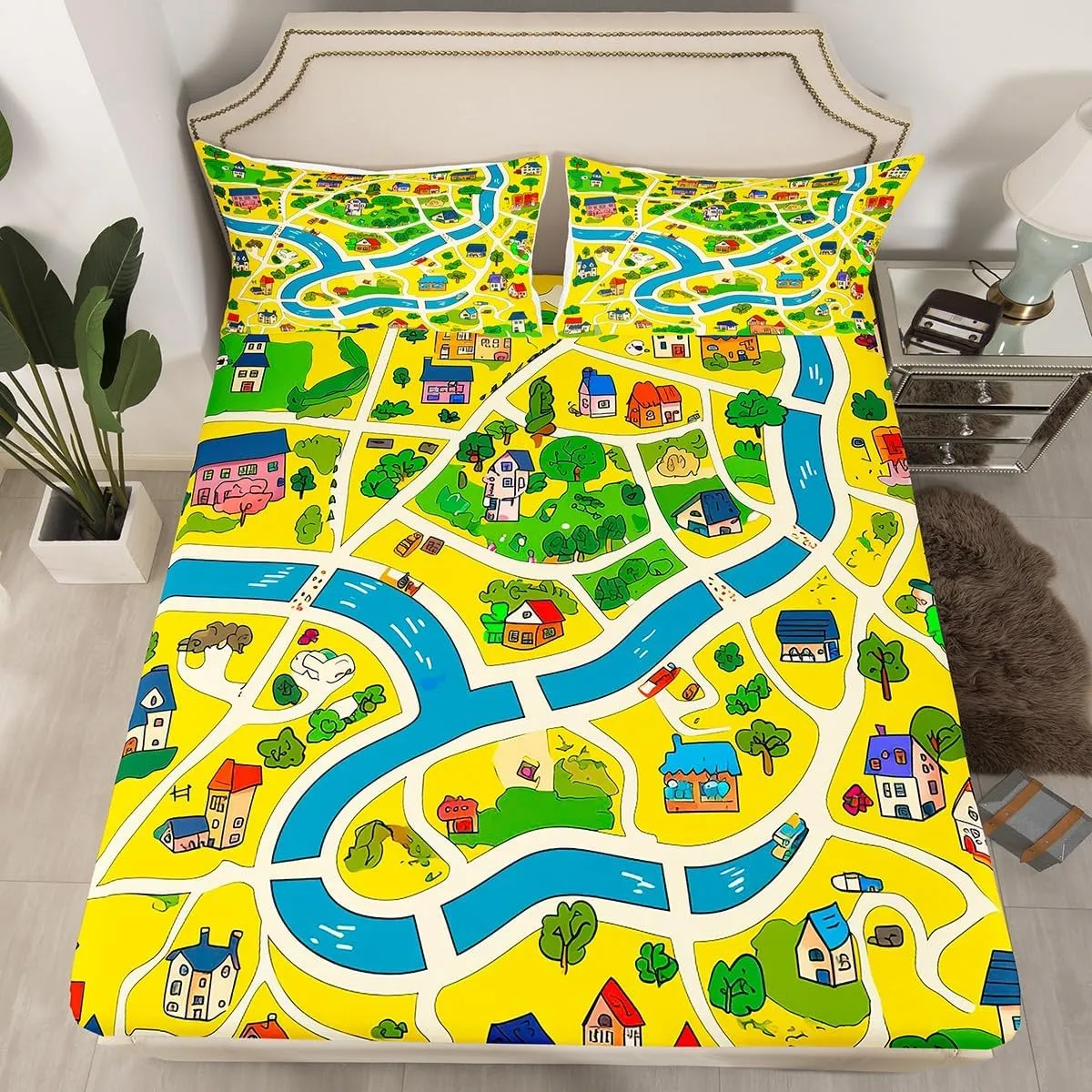 Manfei Rustic Countryside Bed Sheet Set Twin Size,Suburb House Tree River Hand Graffiti Sheet Set,Yellow Nature Roadway Landscape Bedding Set with 1 Flat & 1 Fitted Sheet with 1 Pillow