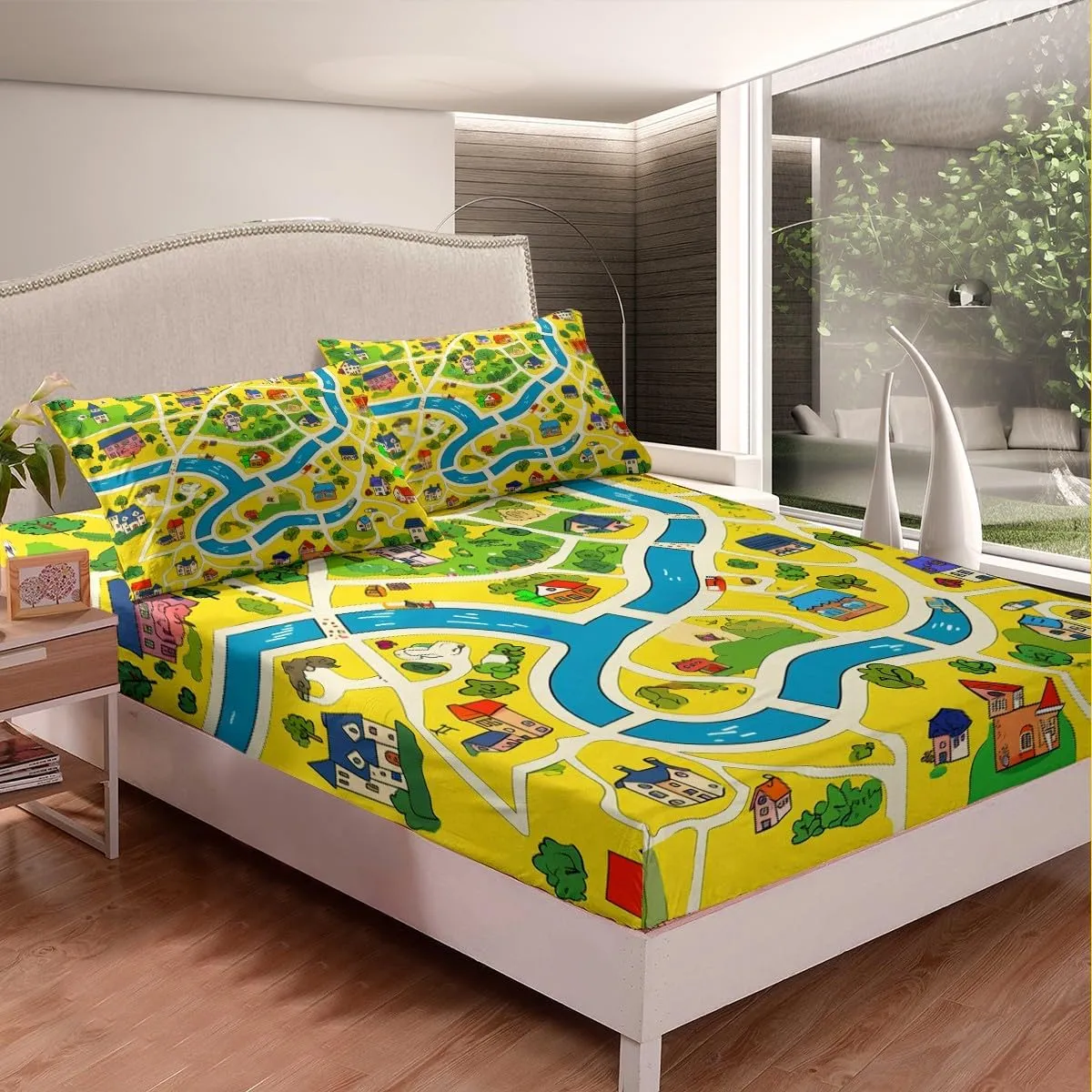 Manfei Rustic Countryside Bed Sheet Set Twin Size,Suburb House Tree River Hand Graffiti Sheet Set,Yellow Nature Roadway Landscape Bedding Set with 1 Flat & 1 Fitted Sheet with 1 Pillow