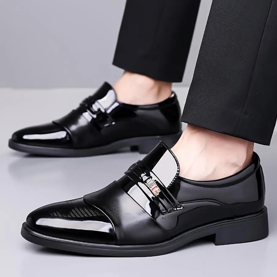 Men's Glossy Finish Dress Shoes - Business Casual Style, Solid Color, Pointed Toe, Slip-On Design, Rubber Sole, Comfortable for Work & Social Event