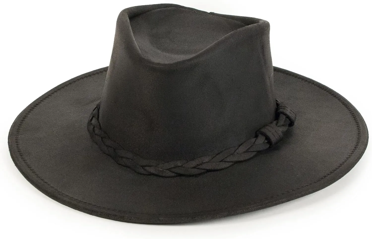 Minnetonka Outback Hat-Flat Brimmed Cowboy Hat for Men and Women Made with Distressed Leather, Hidden Steel Wire in Brim.