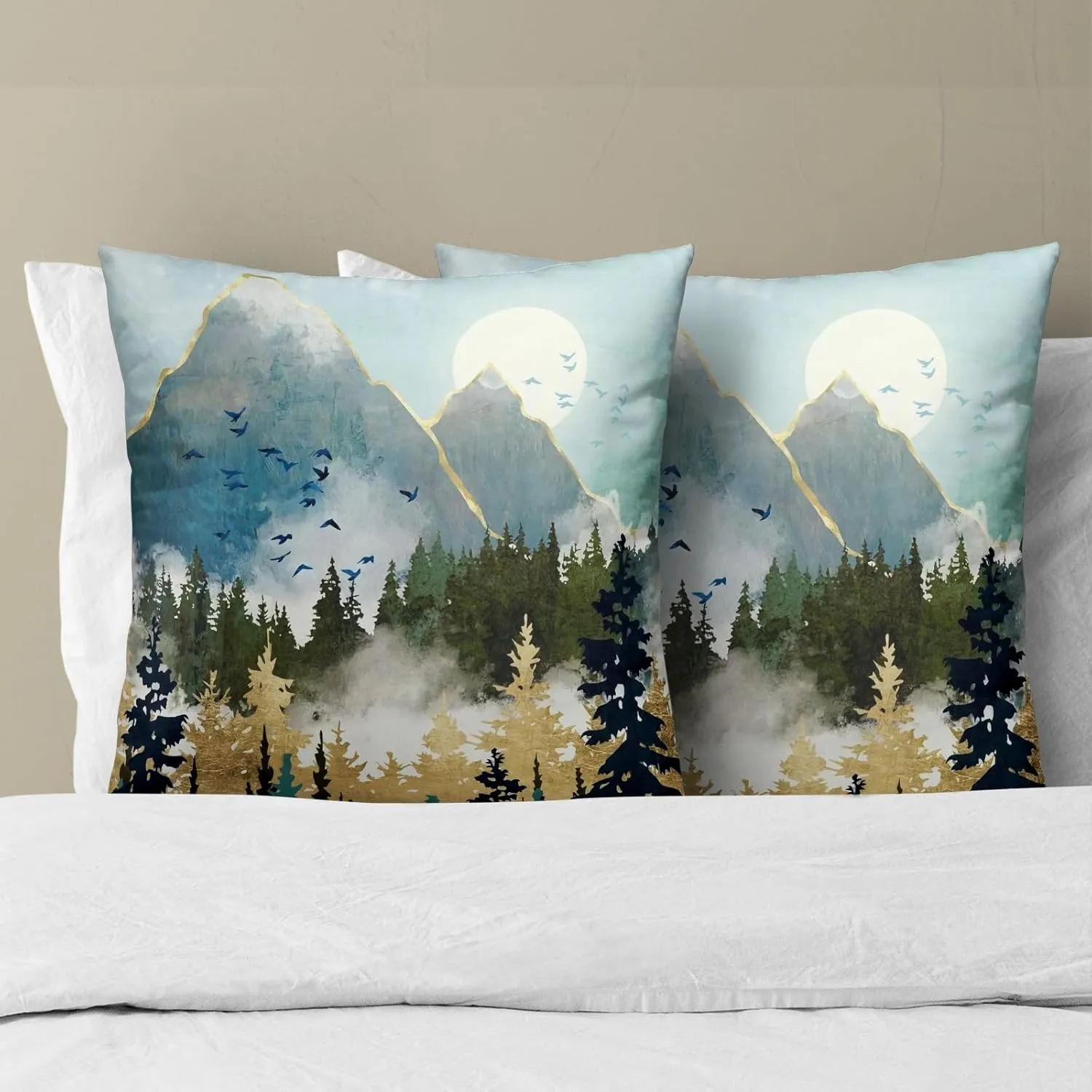 Mountain Woodland Pillow Cover 18x18 Inch Set of 2 Forest Nature Landscape Decorative Boho Mountains Square Cushion Covers Farmhouse Pillowcase for Indoor Outdoor Car Couch Sofa