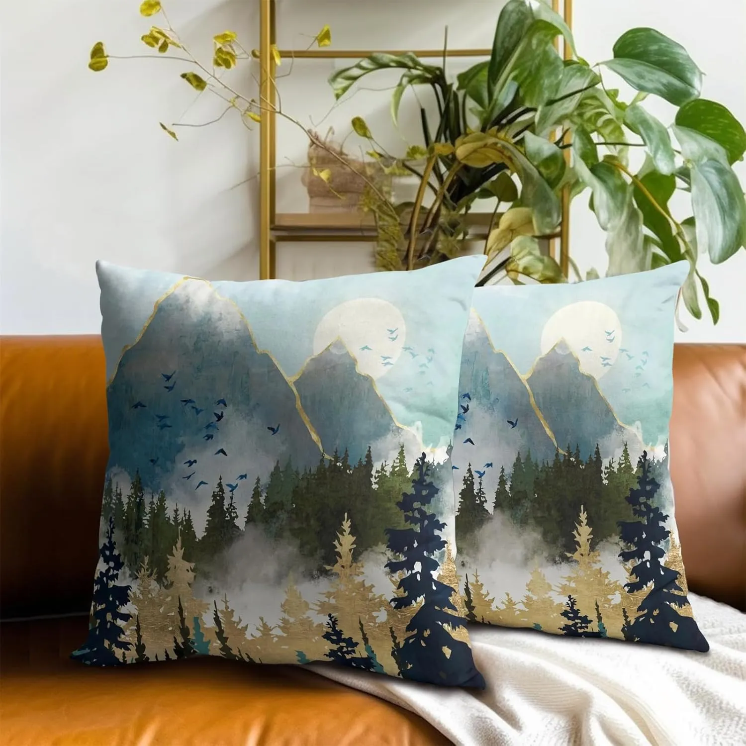 Mountain Woodland Pillow Cover 18x18 Inch Set of 2 Forest Nature Landscape Decorative Boho Mountains Square Cushion Covers Farmhouse Pillowcase for Indoor Outdoor Car Couch Sofa