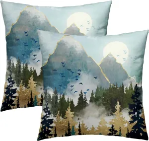 Mountain Woodland Pillow Cover 18x18 Inch Set of 2 Forest Nature Landscape Decorative Boho Mountains Square Cushion Covers Farmhouse Pillowcase for Indoor Outdoor Car Couch Sofa