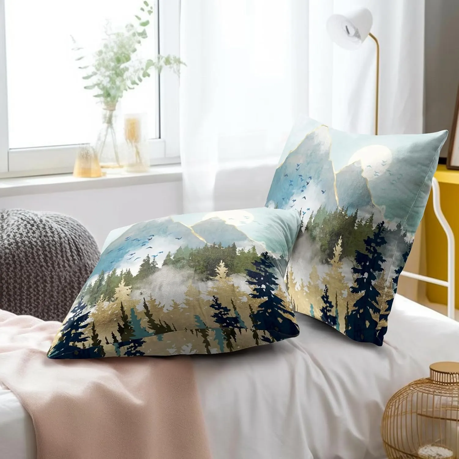 Mountain Woodland Pillow Cover 18x18 Inch Set of 2 Forest Nature Landscape Decorative Boho Mountains Square Cushion Covers Farmhouse Pillowcase for Indoor Outdoor Car Couch Sofa