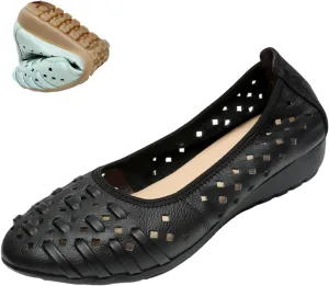 MOYOWEI Women's Summer Comfort Woven Leather Flats,Pointed Closed Toe Hollow Non-slip Soft Sole Slip-on Walking Casual Shoes