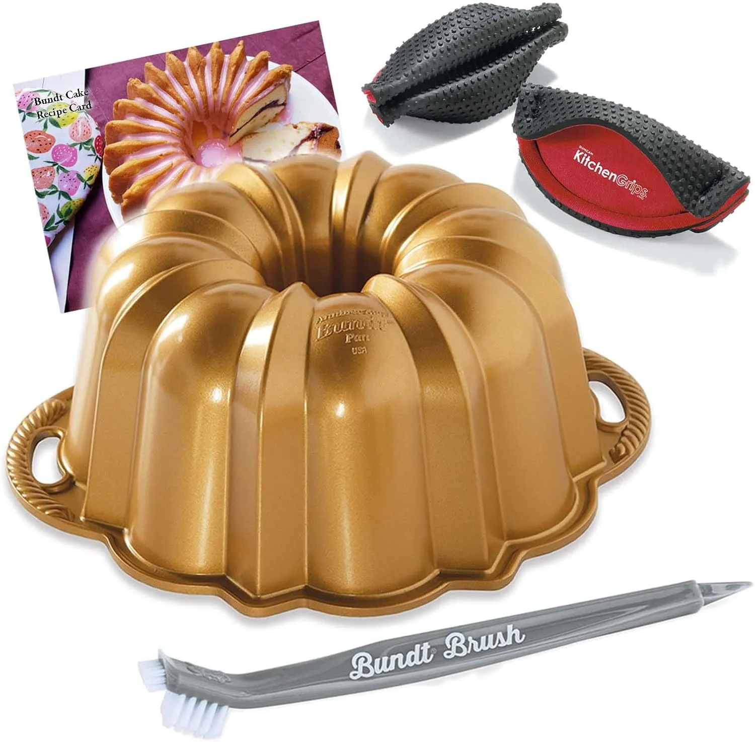 Nordic Ware Original 12 Cup Anniversary Gold Bundt Pan With 3 in 1 Bundt Cleaning Tool   Recipe Card and Pot Handle Holder