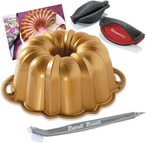 Nordic Ware Original 12 Cup Anniversary Gold Bundt Pan With 3 in 1 Bundt Cleaning Tool   Recipe Card and Pot Handle Holder