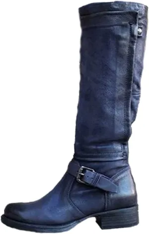 oiangi Boots for Women Knee High - Fashion Belt Buckle Side Zipper Chunky Low Heel Round Toe High Boots Solid Casual Comfortable Square Heel Shoes