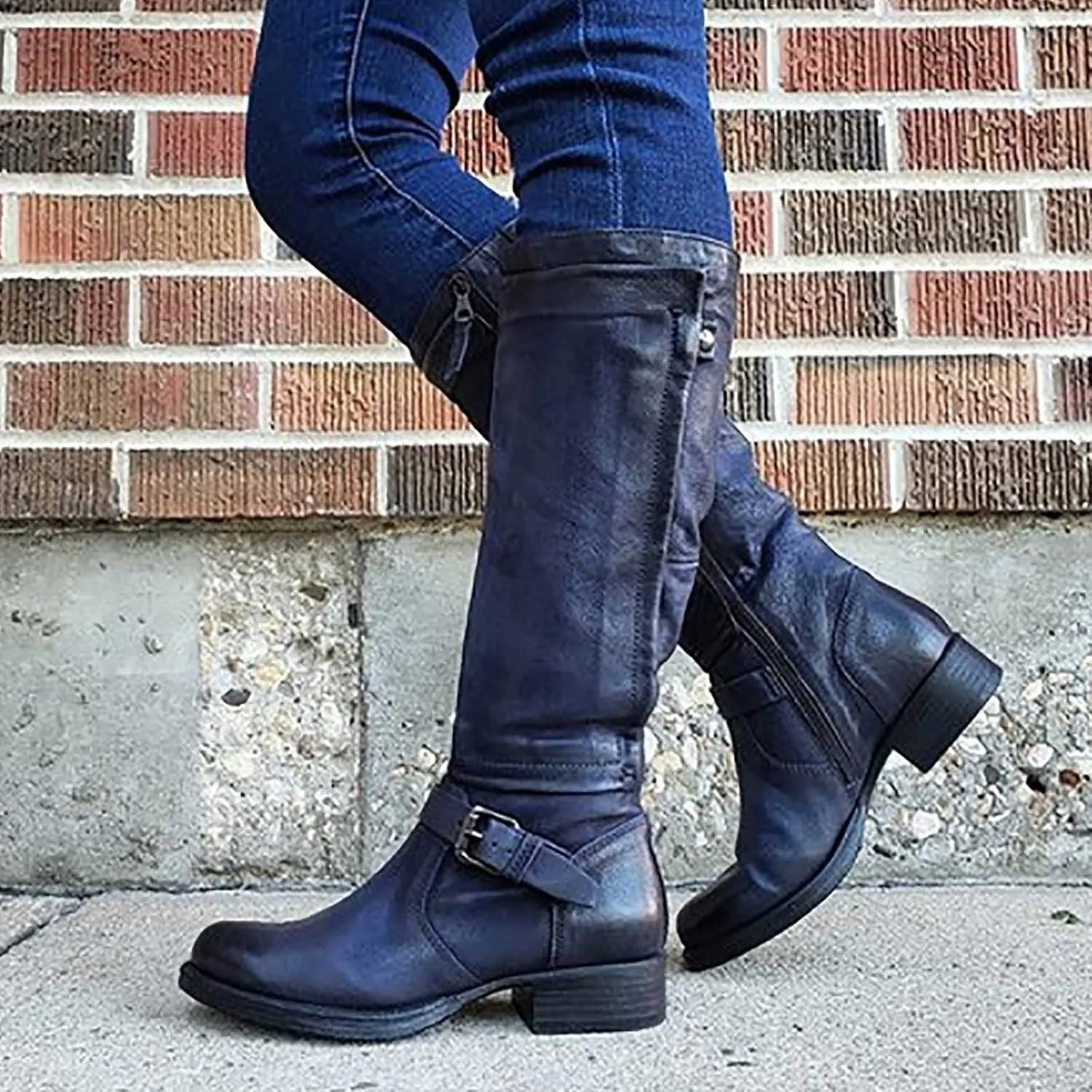 oiangi Boots for Women Knee High - Fashion Belt Buckle Side Zipper Chunky Low Heel Round Toe High Boots Solid Casual Comfortable Square Heel Shoes