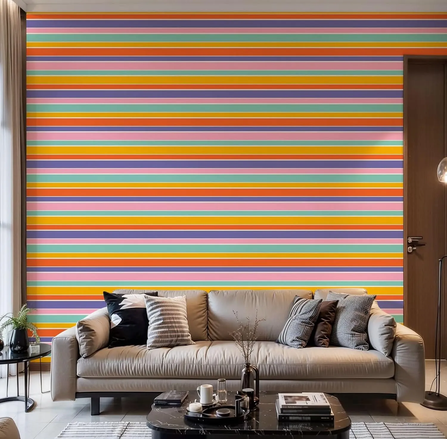 Peel and Stick Wallpaper Self Adhesive Wall Mural Colourful horizontal stripes pattern Simple seamless texture thick Contact Paper Renter Friendly Wallpaper for Kitchen Nursery Bedroom 17.7"x118"