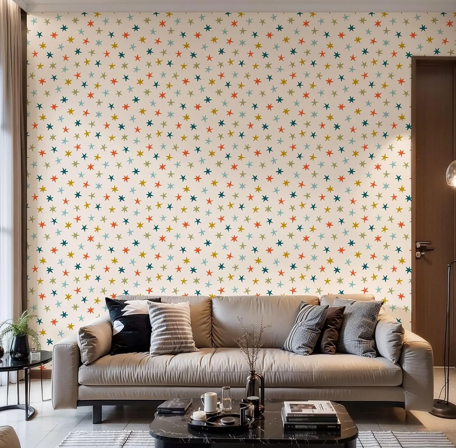 Peel and Stick Wallpaper Self Adhesive Wall Mural seamless pattern colored stars Simple repeated texture falling stars Contact Paper Renter Friendly Wallpaper for Kitchen Nursery Bedroom 17.7"x118"