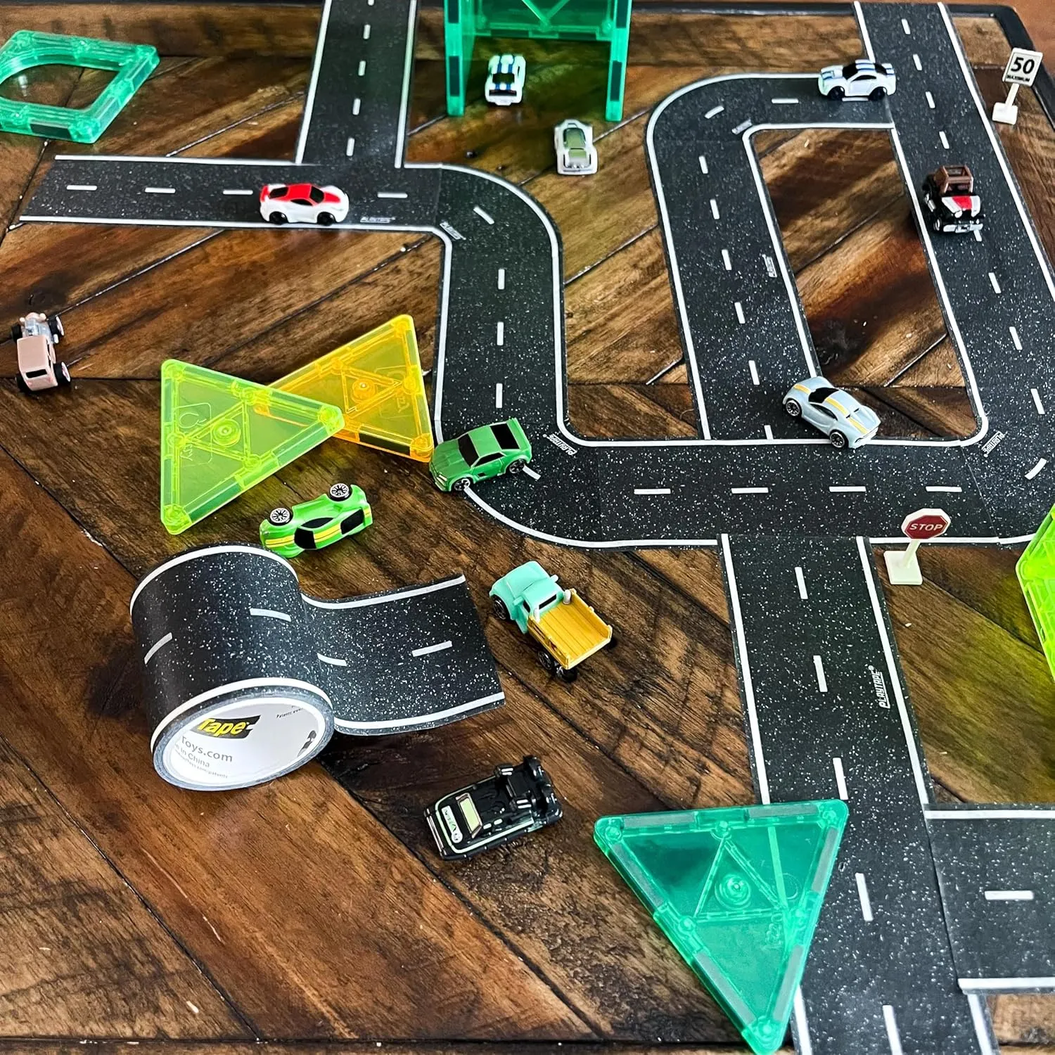PlayTape Road Tape and Curves for Toy Cars - 1 Roll of 30 ft. x 2 in. Asphalt Road   1 Roll of 36 Curves