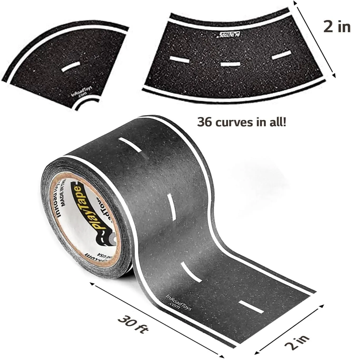 PlayTape Road Tape and Curves for Toy Cars - 1 Roll of 30 ft. x 2 in. Asphalt Road   1 Roll of 36 Curves