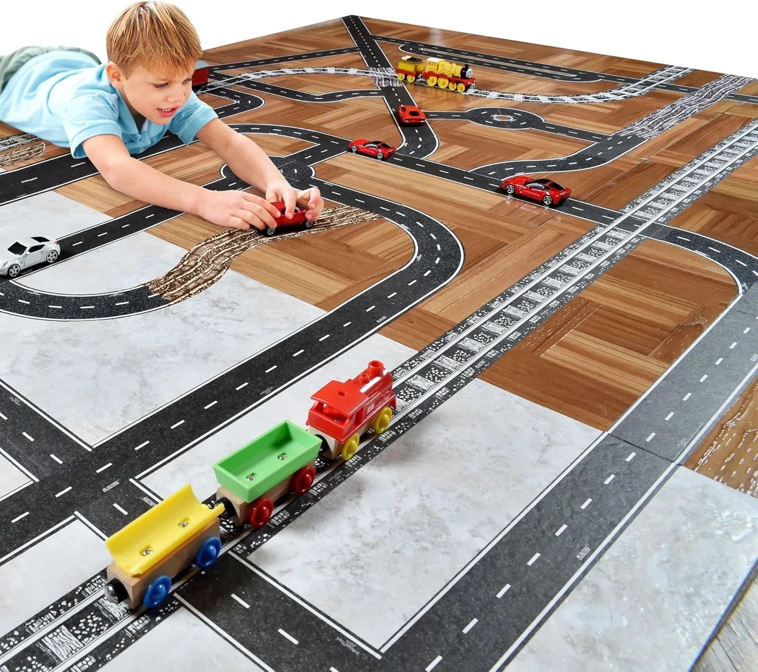 PlayTape Road Tape and Curves for Toy Cars - 1 Roll of 30 ft. x 2 in. Asphalt Road   1 Roll of 36 Curves