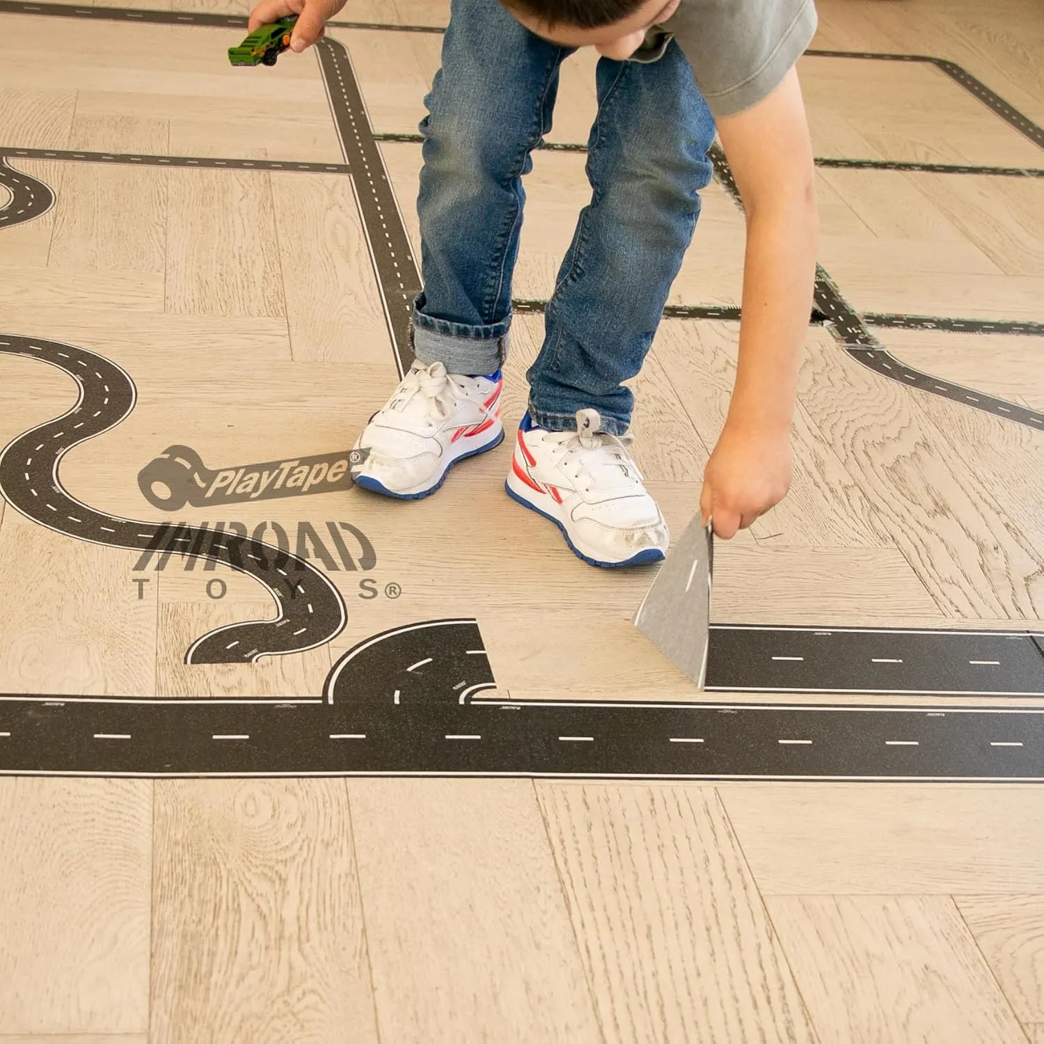 PlayTape Road Tape and Curves for Toy Cars - 1 Roll of 30 ft. x 2 in. Asphalt Road   1 Roll of 36 Curves