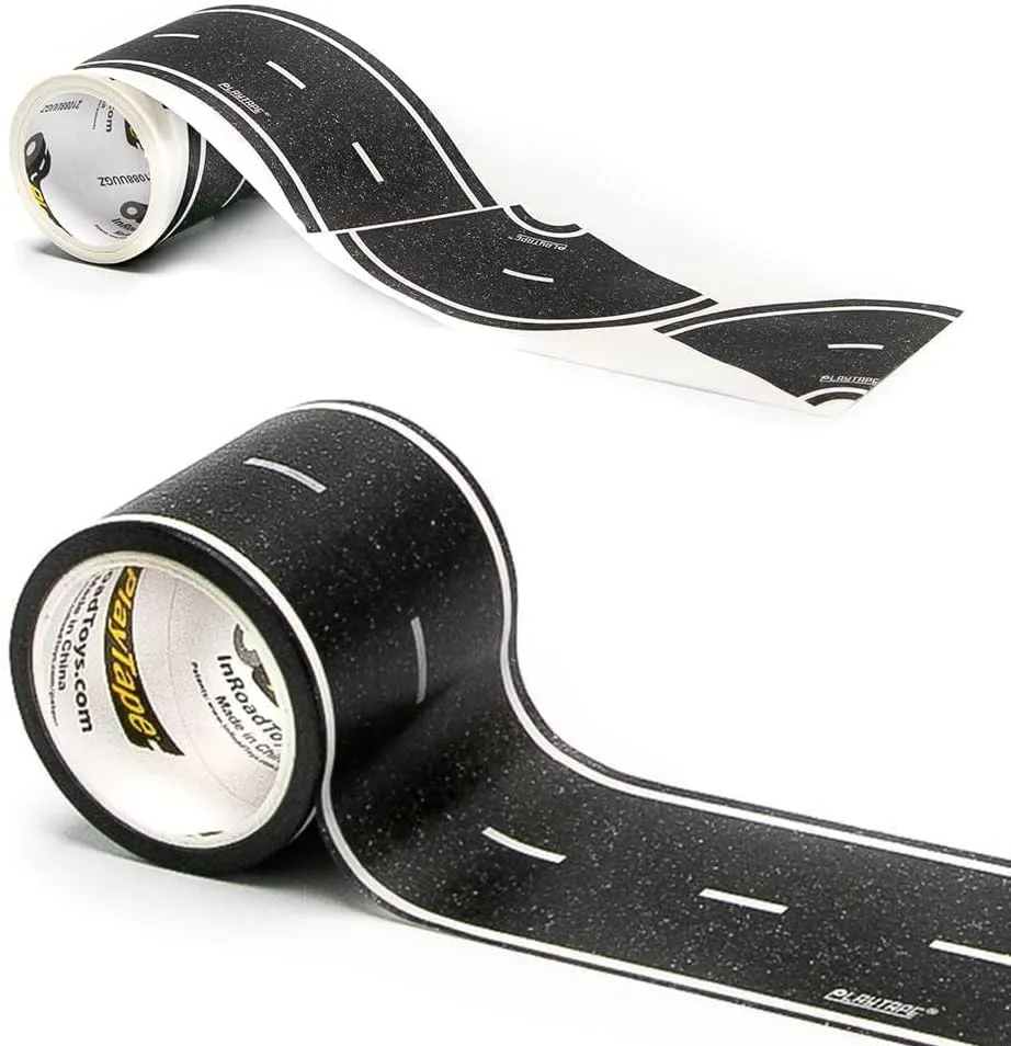 PlayTape Road Tape and Curves for Toy Cars - 1 Roll of 30 ft. x 2 in. Asphalt Road   1 Roll of 36 Curves