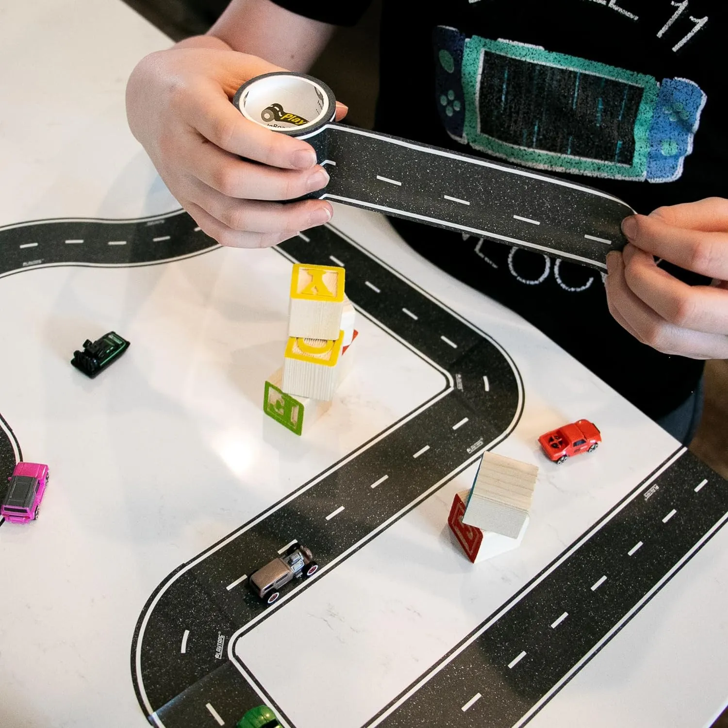 PlayTape Road Tape for Toy Cars - No Residue, Great Travel Toy; 10-Pack of 30 ft. x 2 in. Asphalt Road
