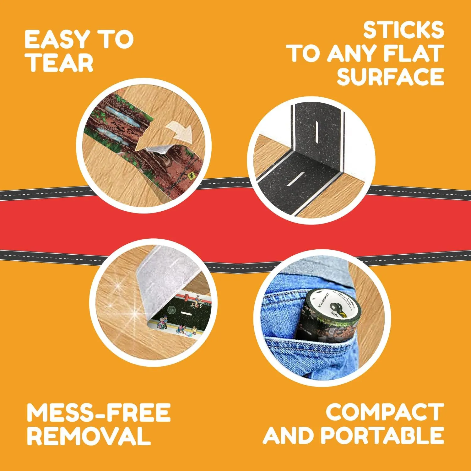 PlayTape Variety Pack Road Tape for Toy Cars - Sticks to Flat Surfaces, No Residue, 2 in. x 30 ft. Roll