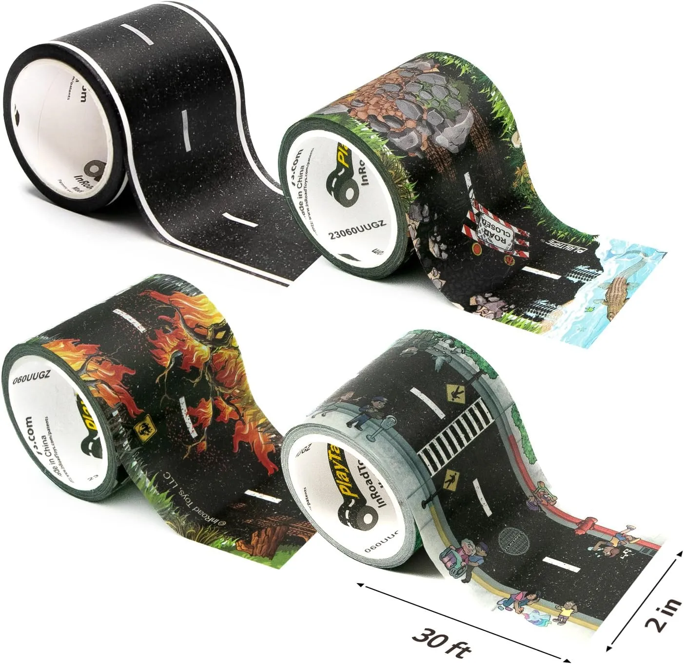 PlayTape Variety Pack Road Tape for Toy Cars - Sticks to Flat Surfaces, No Residue, 2 in. x 30 ft. Roll