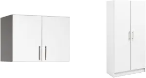 Prepac Elite 2 Door Standing Storage Cabinet, 16" D x 32" W x 65" H, White & Elite 2 Door Stackable Wall Mounted Storage Cabinet, 16" D x 32" W x 24" H, White
