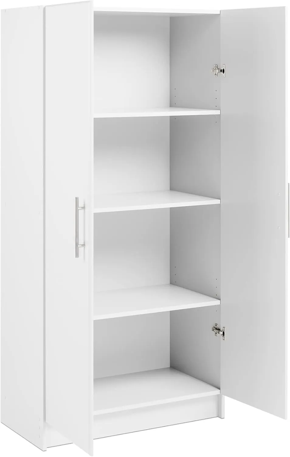 Prepac Elite 2 Door Standing Storage Cabinet, 16" D x 32" W x 65" H, White & Elite 2 Door Stackable Wall Mounted Storage Cabinet, 16" D x 32" W x 24" H, White