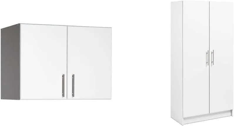Prepac Elite 2 Door Standing Storage Cabinet, 16" D x 32" W x 65" H, White & Elite 2 Door Stackable Wall Mounted Storage Cabinet, 16" D x 32" W x 24" H, White