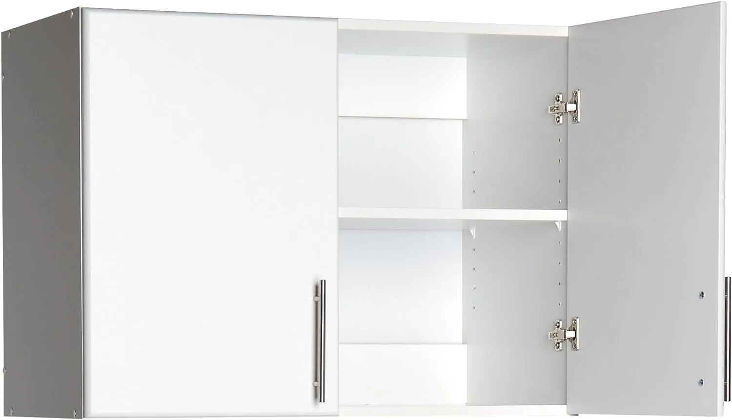 Prepac Elite 2 Door Standing Storage Cabinet, 16" D x 32" W x 65" H, White & Elite 2 Door Stackable Wall Mounted Storage Cabinet, 16" D x 32" W x 24" H, White