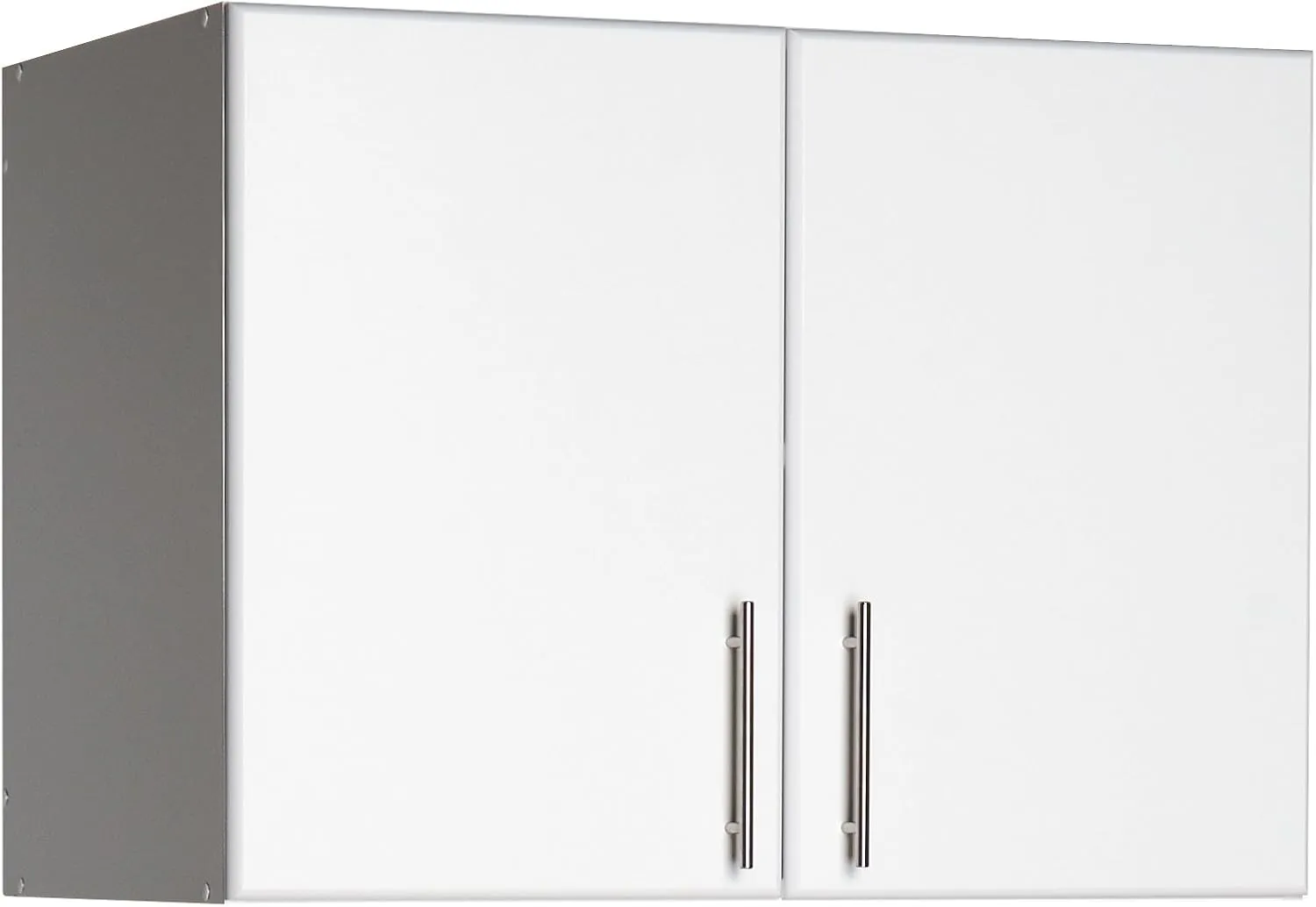 Prepac Elite 2 Door Standing Storage Cabinet, 16" D x 32" W x 65" H, White & Elite 2 Door Stackable Wall Mounted Storage Cabinet, 16" D x 32" W x 24" H, White