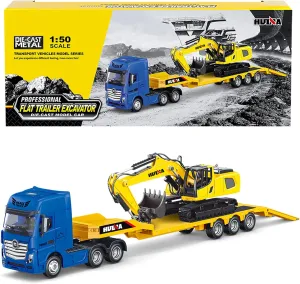 Qcar Flat Trailer Truck with Excavator Vehicles Toys,1:50 Scale Diecast Site Trailer Truck, Toy Trucks for Kids
