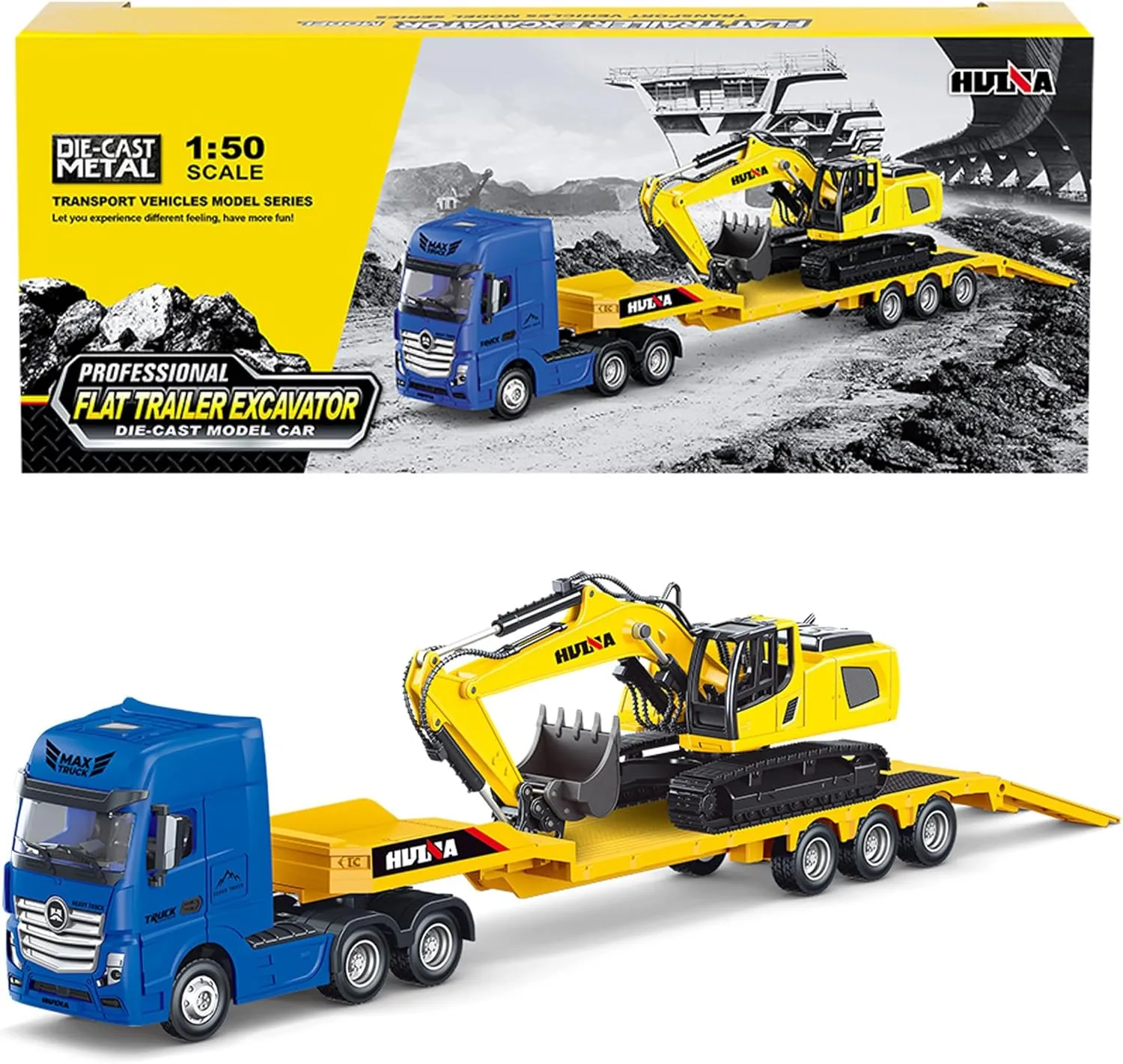 Qcar Flat Trailer Truck with Excavator Vehicles Toys,1:50 Scale Diecast Site Trailer Truck, Toy Trucks for Kids
