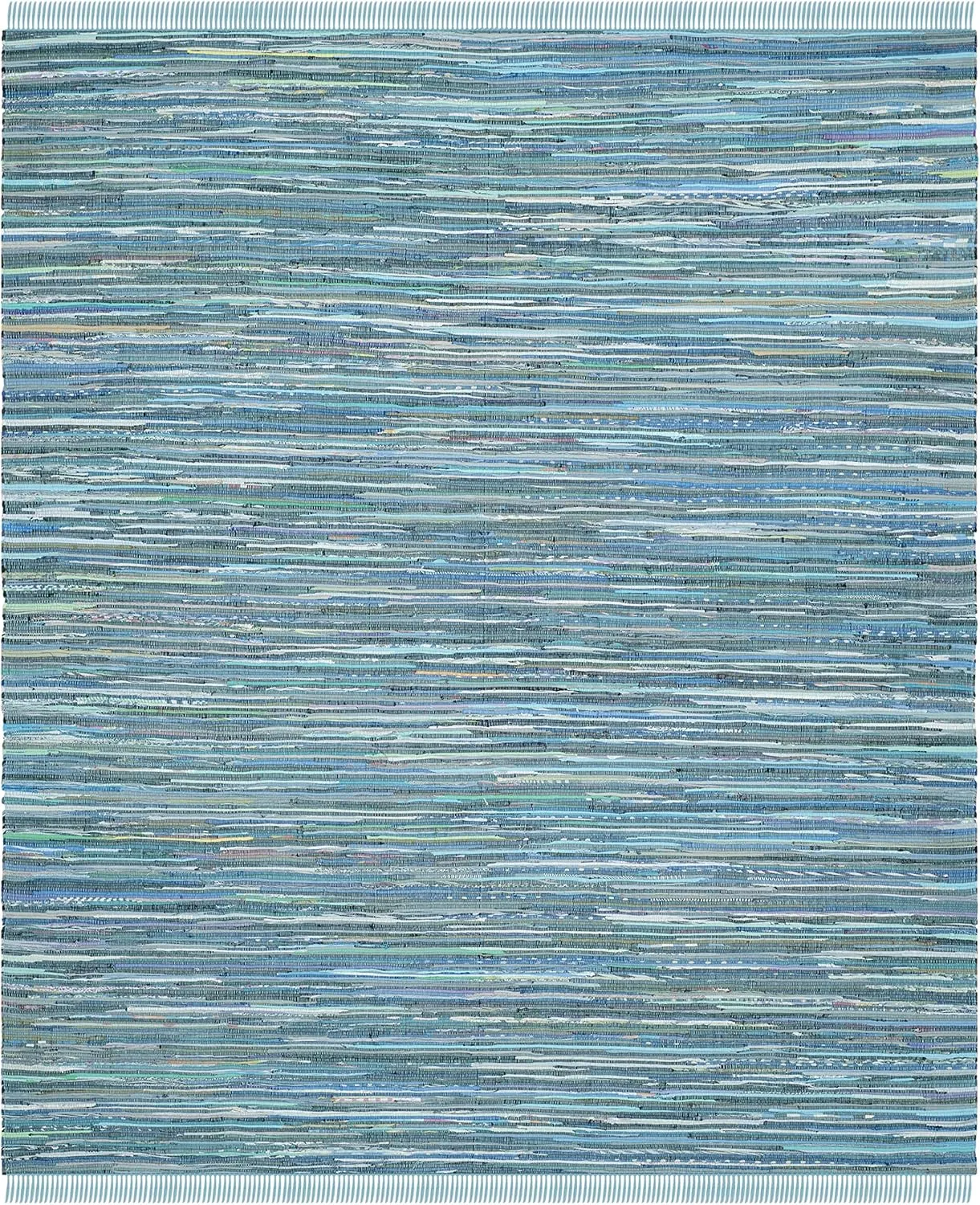 SAFAVIEH Rag Rug Collection Area Rug - 8' x 10', Blue & Multi, Handmade Boho Stripe Cotton, Ideal for High Traffic Areas in Living Room, Bedroom (RAR121B)