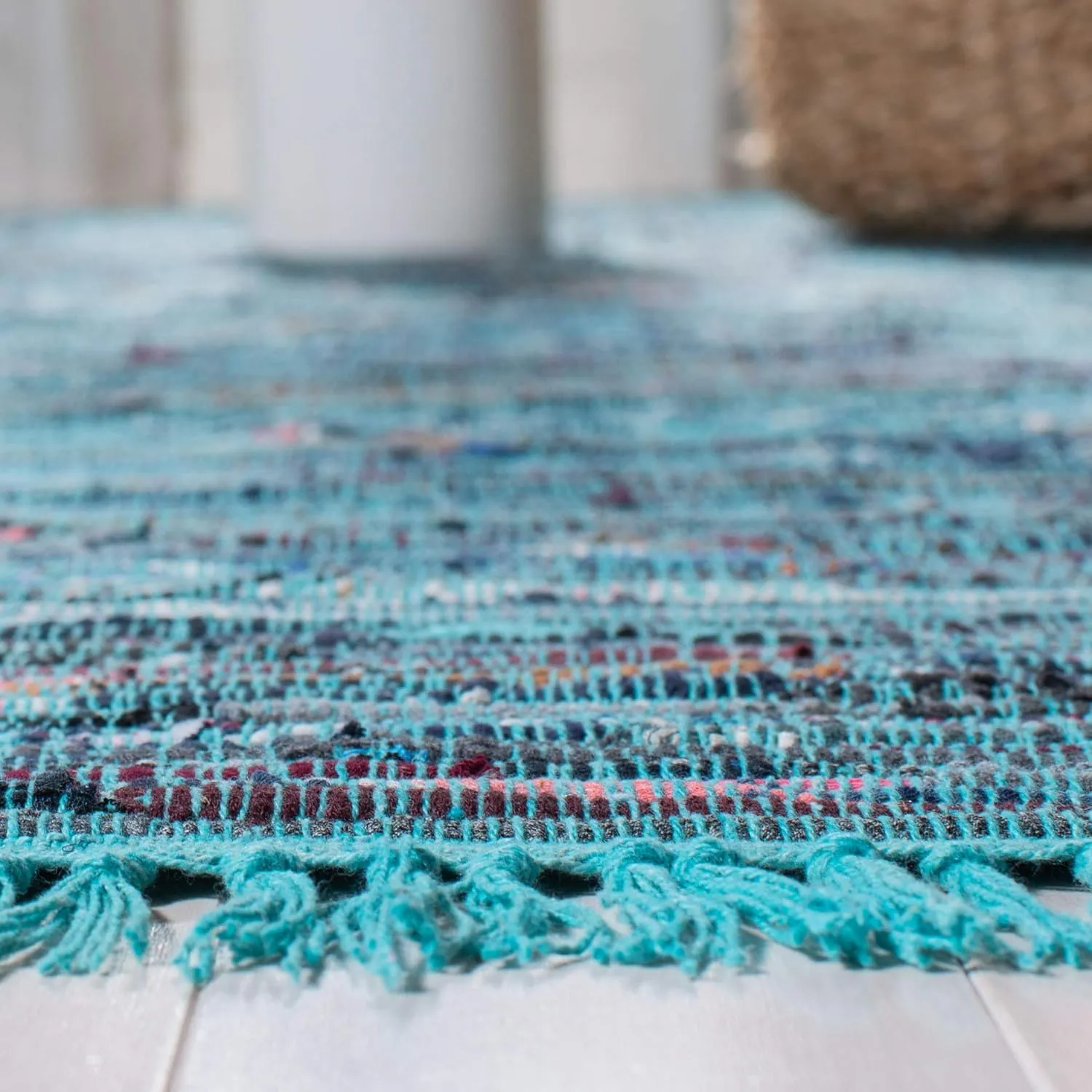 SAFAVIEH Rag Rug Collection Area Rug - 8' x 10', Blue & Multi, Handmade Boho Stripe Cotton, Ideal for High Traffic Areas in Living Room, Bedroom (RAR121B)
