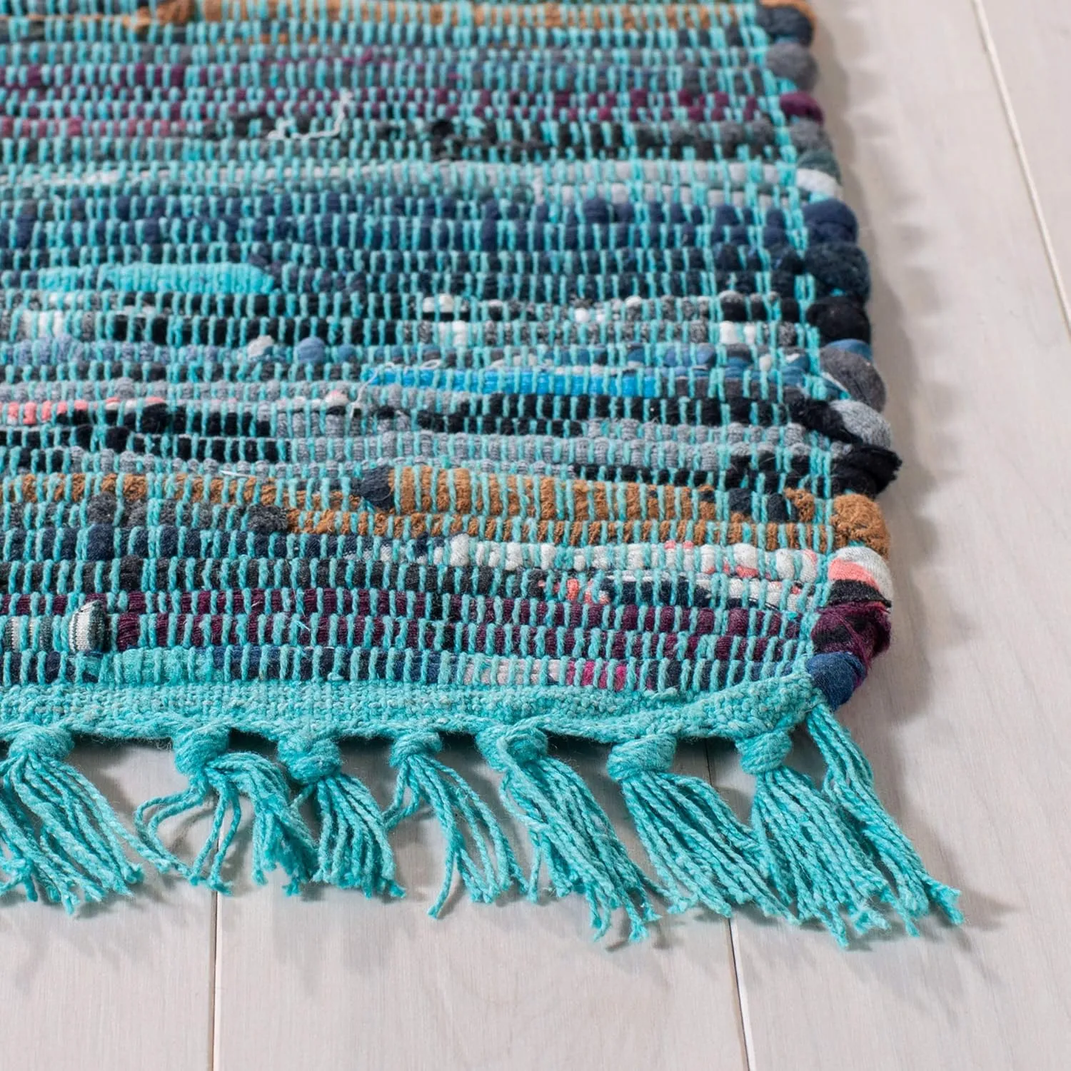 SAFAVIEH Rag Rug Collection Area Rug - 8' x 10', Blue & Multi, Handmade Boho Stripe Cotton, Ideal for High Traffic Areas in Living Room, Bedroom (RAR121B)