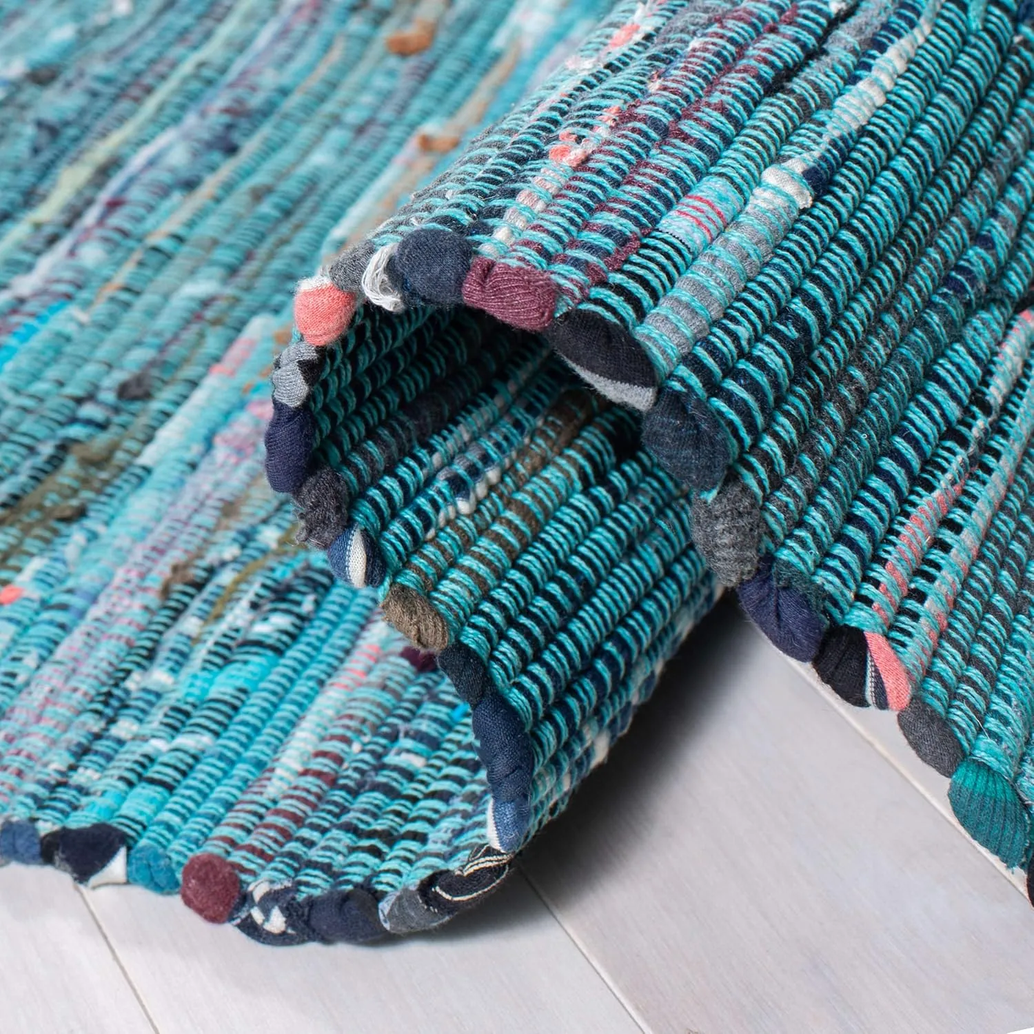 SAFAVIEH Rag Rug Collection Area Rug - 8' x 10', Blue & Multi, Handmade Boho Stripe Cotton, Ideal for High Traffic Areas in Living Room, Bedroom (RAR121B)
