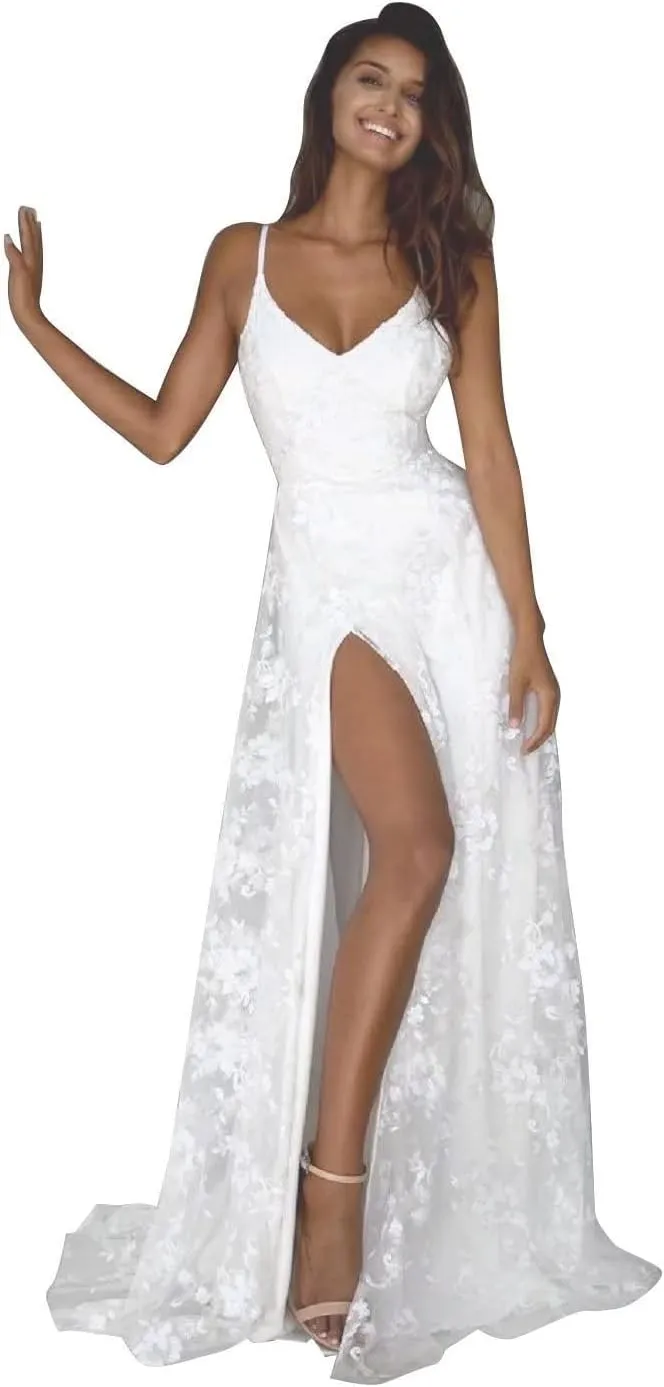 Simple Boho Wedding Dresses for Bride 2024 Mermaid Lace Spaghetti Straps V Neck Beach Bridal Gowns