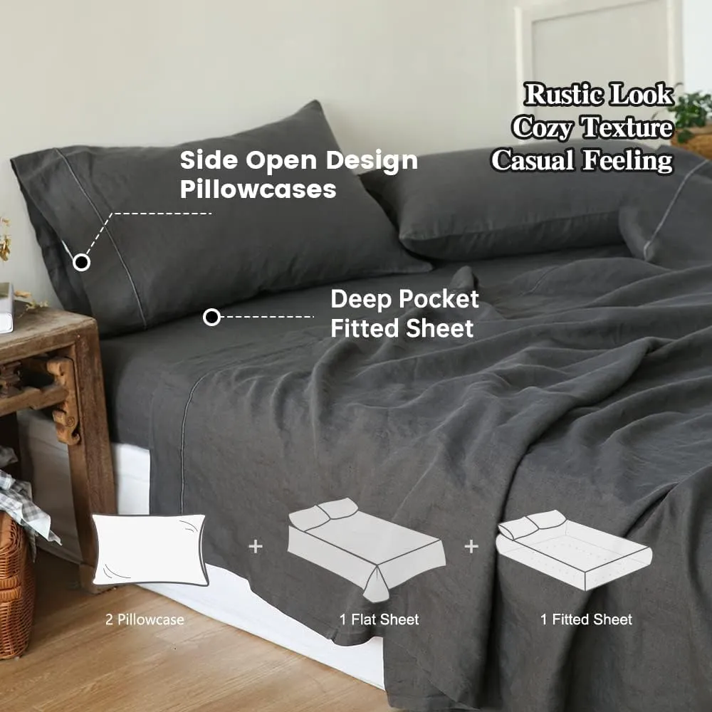 Simple&Opulence 100% Linen Sheet Set with Embroidery Washed - 3 Pieces (1 Flat Sheet & 1 Fitted Sheet & 1 Pillowcase) Natural Flax Soft Bedding Breathable Farmhouse - Dark Grey, Twin Size