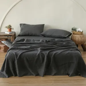 Simple&Opulence 100% Linen Sheet Set with Embroidery Washed - 3 Pieces (1 Flat Sheet & 1 Fitted Sheet & 1 Pillowcase) Natural Flax Soft Bedding Breathable Farmhouse - Dark Grey, Twin Size