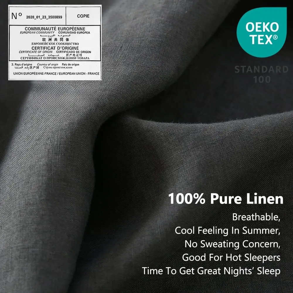 Simple&Opulence 100% Linen Sheet Set with Embroidery Washed - 3 Pieces (1 Flat Sheet & 1 Fitted Sheet & 1 Pillowcase) Natural Flax Soft Bedding Breathable Farmhouse - Dark Grey, Twin Size