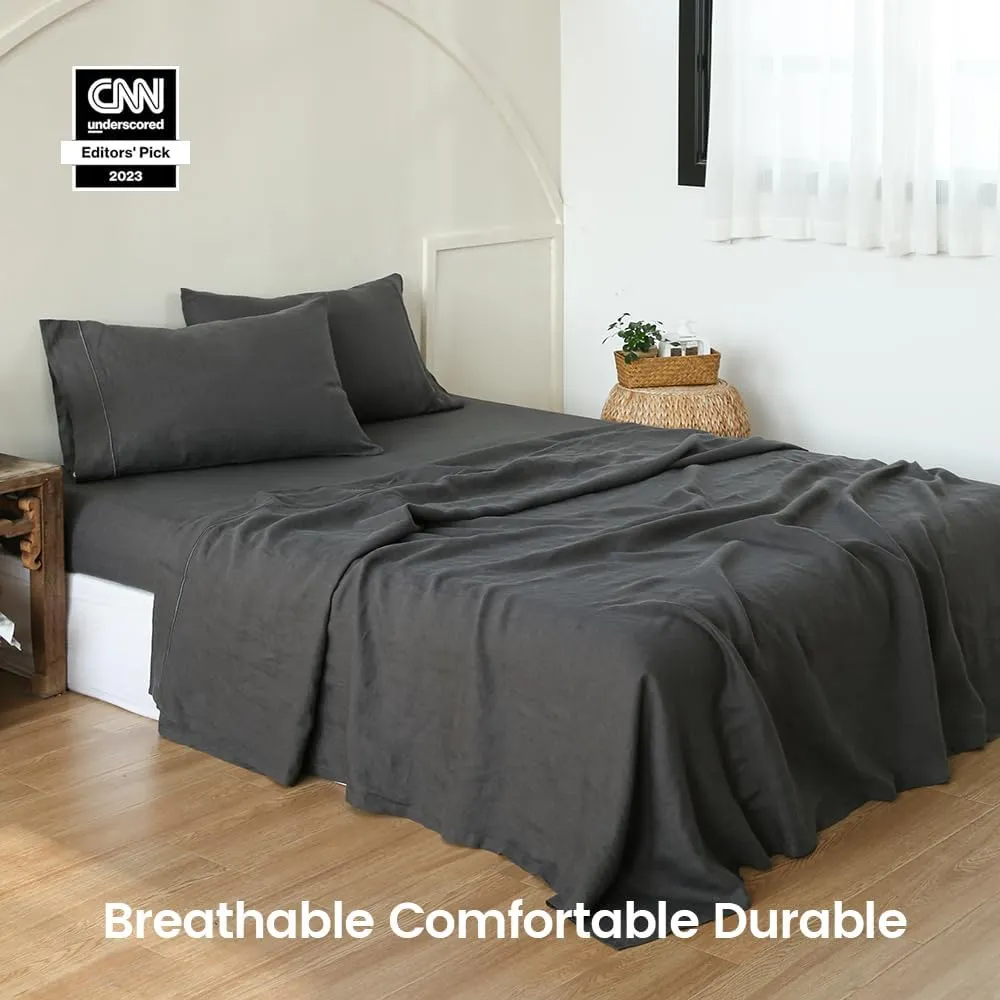 Simple&Opulence 100% Linen Sheet Set with Embroidery Washed - 3 Pieces (1 Flat Sheet & 1 Fitted Sheet & 1 Pillowcase) Natural Flax Soft Bedding Breathable Farmhouse - Dark Grey, Twin Size