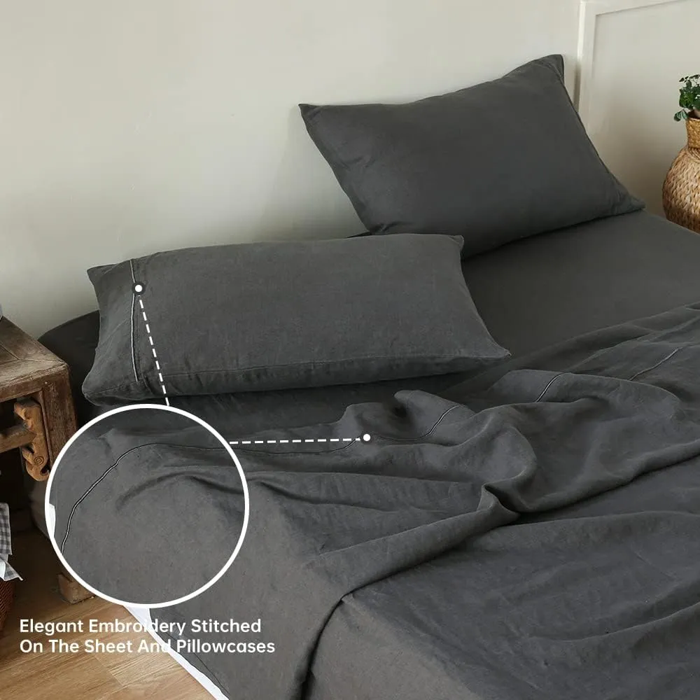 Simple&Opulence 100% Linen Sheet Set with Embroidery Washed - 3 Pieces (1 Flat Sheet & 1 Fitted Sheet & 1 Pillowcase) Natural Flax Soft Bedding Breathable Farmhouse - Dark Grey, Twin Size