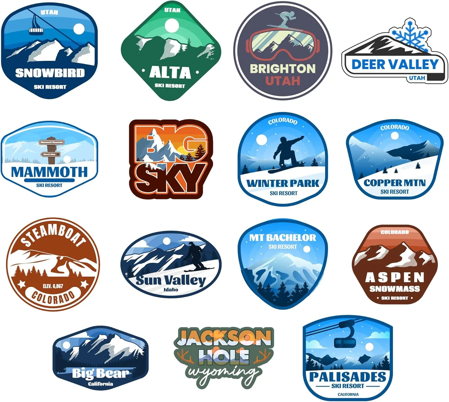 Ski Resort Sticker Pack 15 Pack, (Waterproof Vinyl Decal for Car, Water Bottle, Laptop, iPad, Window, Cooler, Luggage, Bumper, Toolbox, Locker), 3 inch