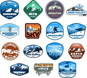 Ski Resort Sticker Pack 15 Pack, (Waterproof Vinyl Decal for Car, Water Bottle, Laptop, iPad, Window, Cooler, Luggage, Bumper, Toolbox, Locker), 3 inch