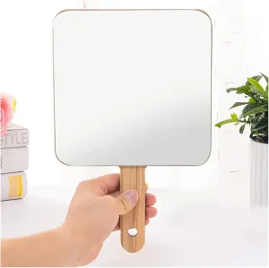 Tabletop Mirror Large Wooden Handle Mirror Hd Makeup Mirror Hand Mirror Portable Handheld Travel Wood Grain Makeup Mirror Cosmetic Mirror (Color : Square, Size : Small)