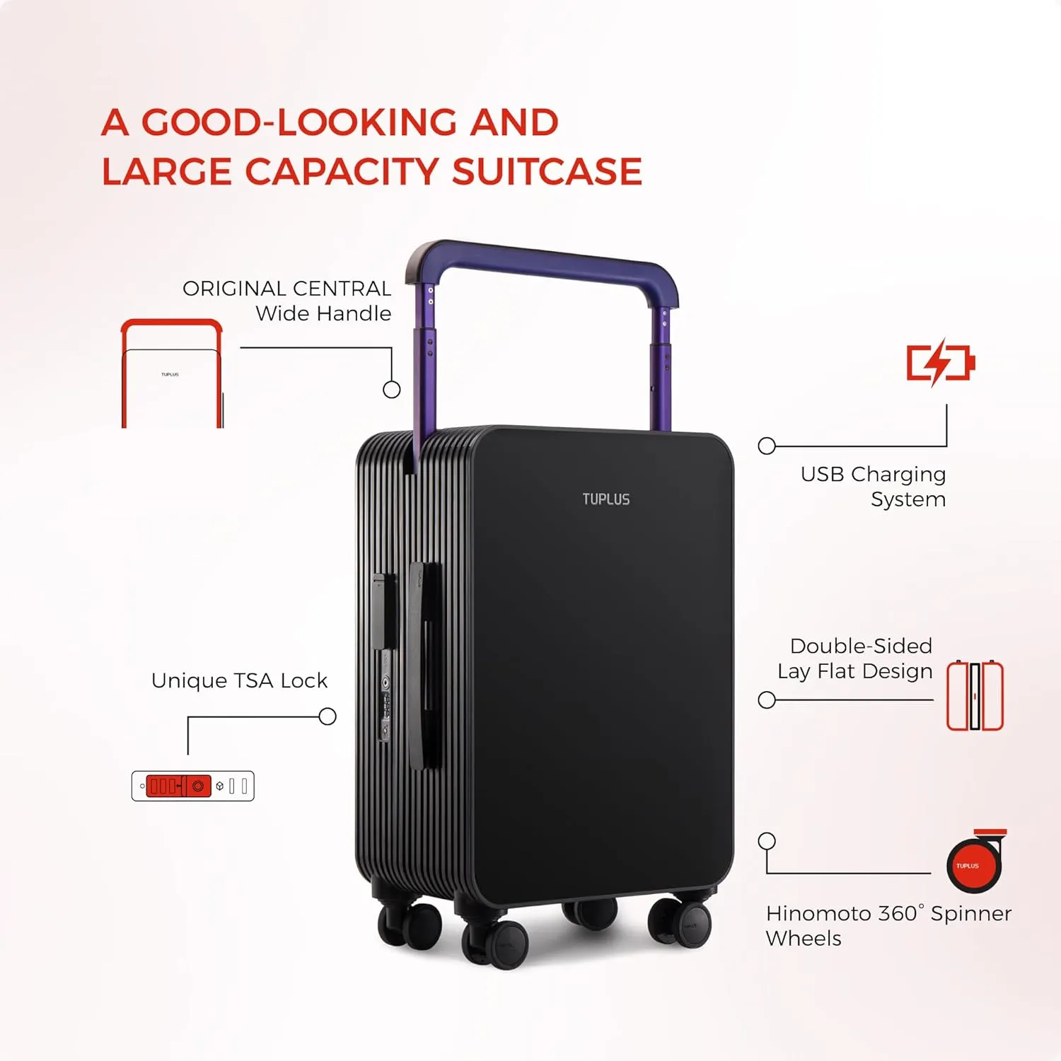 TUPLUS Suitcase ABS Hard Shell Luggage with 4 Spinner Wheels Hold Check in Travel Case, Balance Series