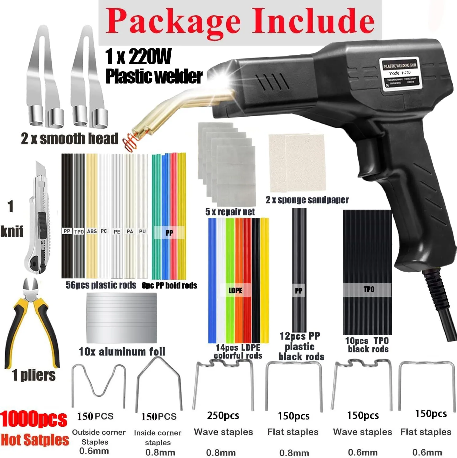 Upgraded 220W Plastic Welder,2 in 1 Plastic Welding Kit 1000PCS Hot Stapler Plastic Repair Kit With 100PCS Plastic Welding Rods and 6 Types Staples For Most Plastic Car Bumper Repair Kit